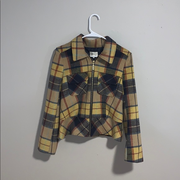 Jolt Yellow Plaid Patterned Collared Zip-Up Jacket - Picture 3 of 4